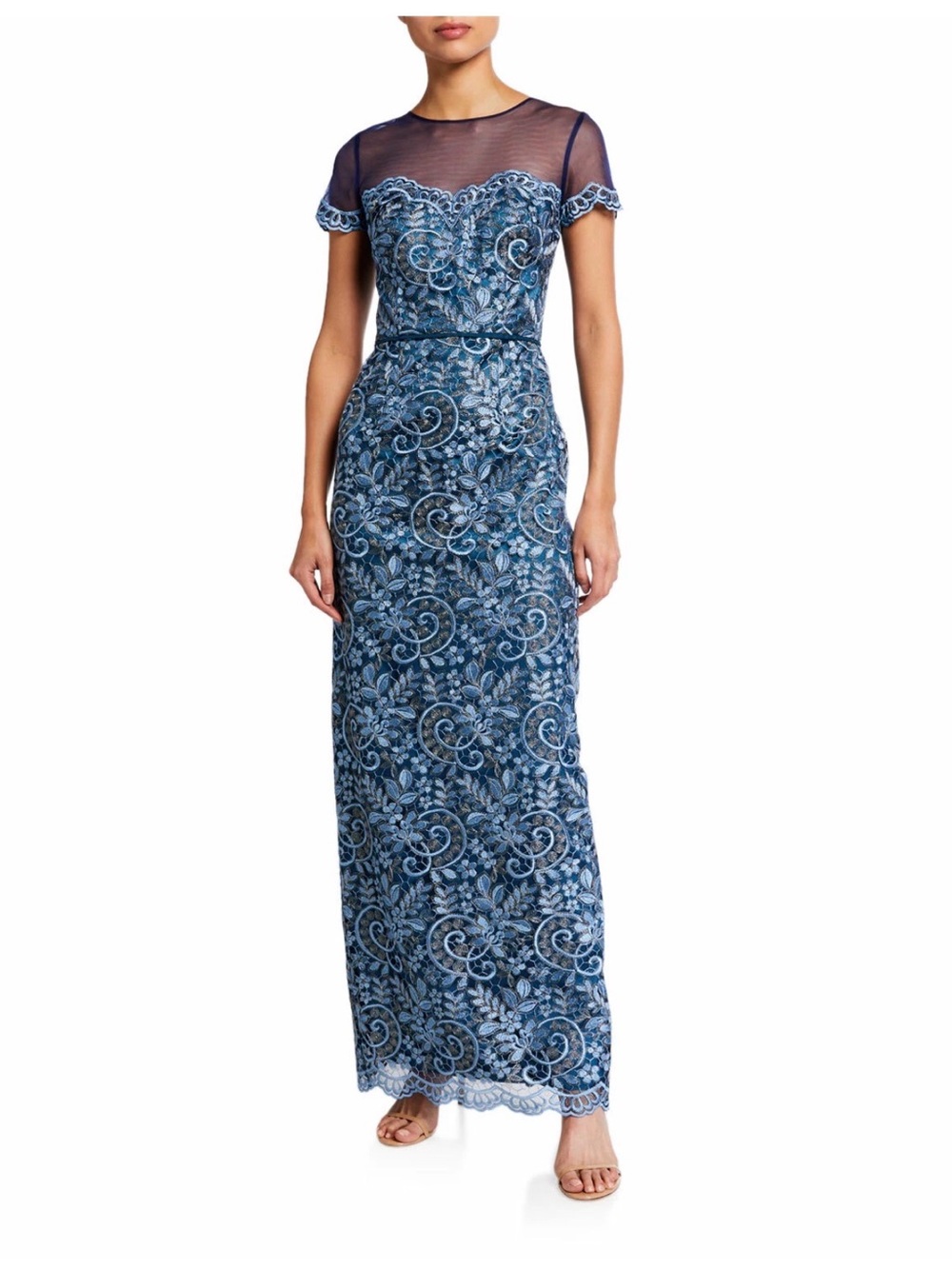 JS Collections Blue Embroidered Silver Metallic Lace Floral Evening Gown